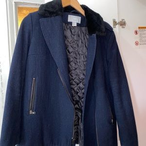 H&M Navy Wool Coat W/ Faux Fur Collar